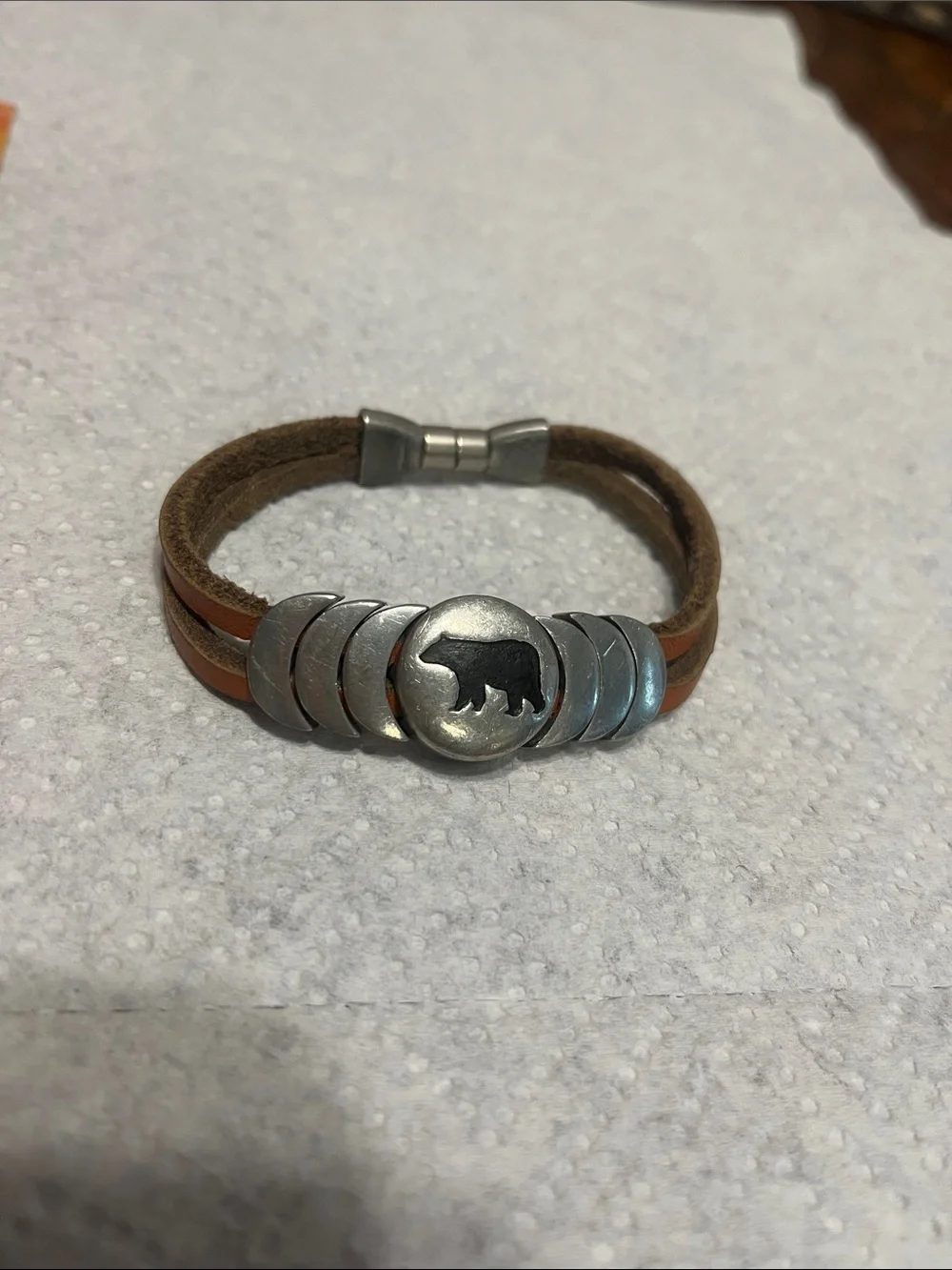 Men's Brown Leather Bracelet with Bear Accent and Silver Discs